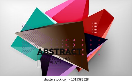 3d geometric triangular shapes abstract background, color triangles composition on grey backdrop, business or hi-tech conceptual wallpaper, vector illustration