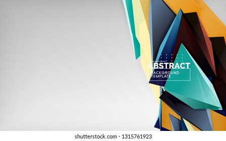 3d geometric triangular shapes abstract background, color triangles composition on grey backdrop, business or hi-tech conceptual wallpaper, vector illustration