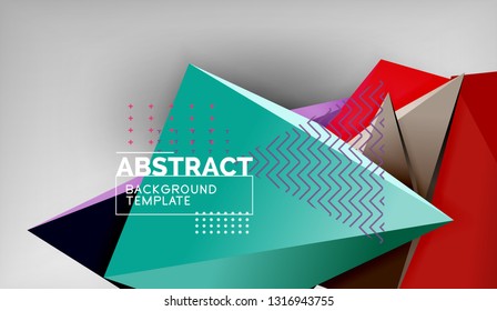 3d geometric triangular shapes abstract background, color triangles composition on grey backdrop, business or hi-tech conceptual wallpaper, vector illustration