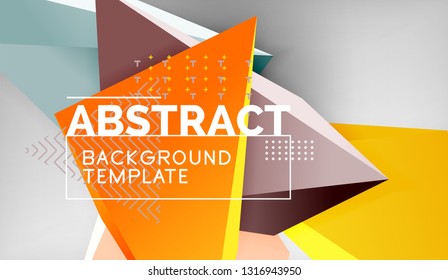 3d geometric triangular shapes abstract background, color triangles composition on grey backdrop, business or hi-tech conceptual wallpaper, vector illustration