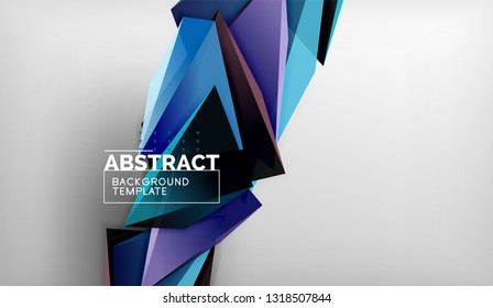 3d geometric triangular shapes abstract background, color triangles composition on grey backdrop, business or hi-tech conceptual wallpaper, vector illustration