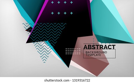 3d geometric triangular shapes abstract background, color triangles composition on grey backdrop, business or hi-tech conceptual wallpaper, vector illustration