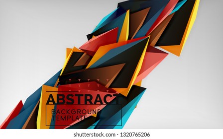 3d geometric triangular shapes abstract background, color triangles composition on grey backdrop, business or hi-tech conceptual wallpaper, vector illustration