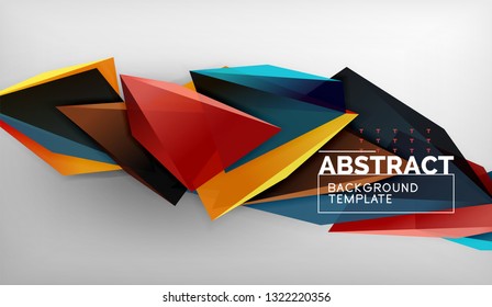 3d geometric triangular shapes abstract background, color triangles composition on grey backdrop, business or hi-tech conceptual wallpaper, vector illustration