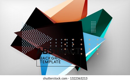 3d geometric triangular shapes abstract background, color triangles composition on grey backdrop, business or hi-tech conceptual wallpaper, vector illustration