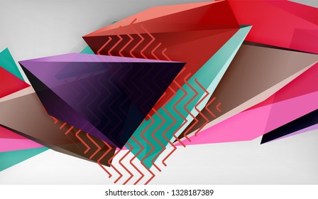 3d geometric triangular shapes abstract background, color triangles composition on grey backdrop, business or hi-tech conceptual wallpaper, vector illustration