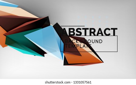 3d geometric triangular shapes abstract background, color triangles composition on grey backdrop, business or hi-tech conceptual wallpaper, vector illustration