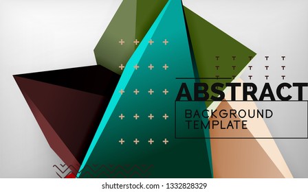 3d geometric triangular shapes abstract background, color triangles composition on grey backdrop, business or hi-tech conceptual wallpaper, vector illustration