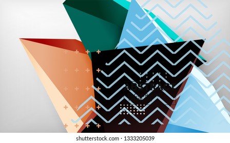 3d geometric triangular shapes abstract background, color triangles composition on grey backdrop, business or hi-tech conceptual wallpaper, vector illustration