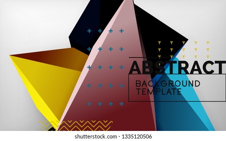 3d geometric triangular shapes abstract background, color triangles composition on grey backdrop, business or hi-tech conceptual wallpaper, vector illustration