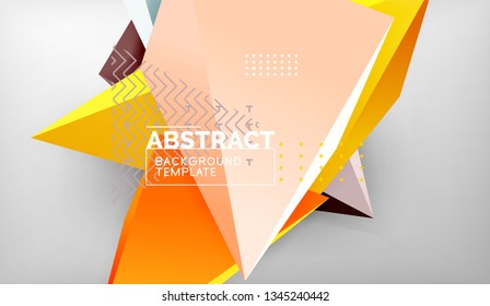 3d geometric triangular shapes abstract background, color triangles composition on grey backdrop, business or hi-tech conceptual wallpaper, vector illustration