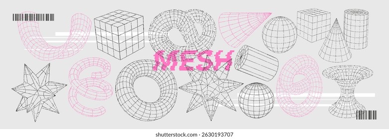 Formas de Grade de Wireframe Geométrico 3D Definidas com linha de textura de pontos. Cubos, Cones, Esferas, Malha abstrata