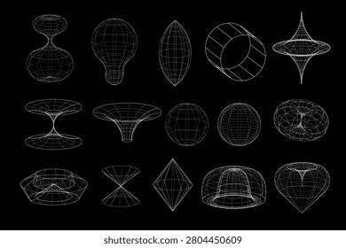 3D Geometric Wireframe Y2K Abstract Shapes Forms Mesh Grids Circle Globe Light Bulb distorted planes funnel Abstract Wavy Figures Convex. Vector Y2K Icons Graphic Design Elements. Editable strokes.