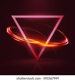 3d geometrical banner with neon lights , fire blurry circles at motion . Swirl trail effect , Slow shutter speed effect . Light painting  . Vector illustration .