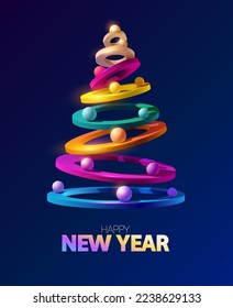 3D geometrical Christmas tree with colorful decoration. New year greeting card design.