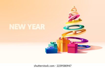 3D geometrical Christmas tree with colorful gift boxes and decoration. New year greeting card design.
