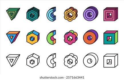 3D geometrics element colorful object Memphis Bauhaus neo-brutalism style circle triangle rectangle box cube hexagon crooked shapes decorative design icons set collection