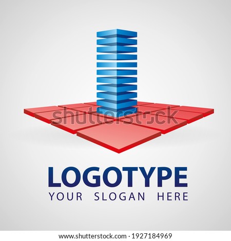3D geometry Abstract bulding company vector logo icon. Building from blocks on a flat surface from blocks logo template design. Isometric style, multipurpose corporation logo template. Logotype icon i