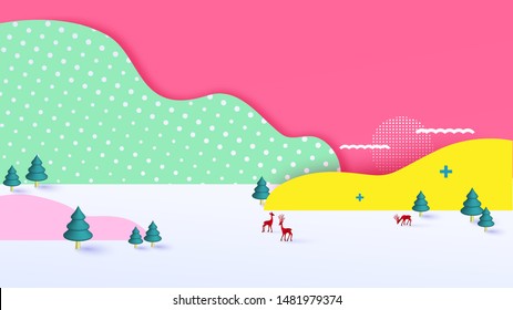 3D geometry colorful pastel fantasy Christmas background with copy-space for your product. Empty space for advertising. Modern abstract cover, Postcard. Paper cut style