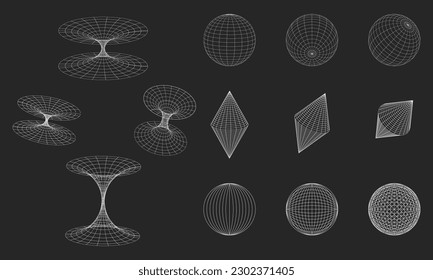 Formas y cuadrículas de mallas de geometría 3D en color blanco. Elementos de diseño retro futurista. Elementos ciberpunk en estilo de rave psicodélica a la moda