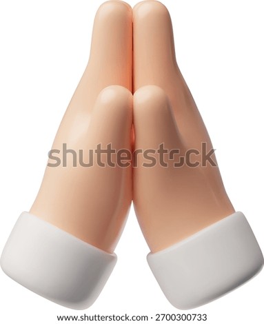 3d Gesture of hands folded together with white sleeves, prayer, request, meditation. Religion theme, emoji, UI. Sorry, help, please, thank you icon. Vector cartoon illustration. Render.