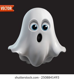 Un personaje fantasma 3D con una mirada sorprendida y ojos azules sobre un fondo oscuro, adecuado para gráficos de Halloween, proyectos temáticos e ilustraciones para niños.