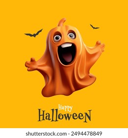 Fantasma 3D volando y aterrador en Halloween. Ilustración realista con una cara de personaje aterradora y divertida. Feliz Halloween. Anuncio amarillo para productos publicitarios y descuentos. Ilustración vectorial.