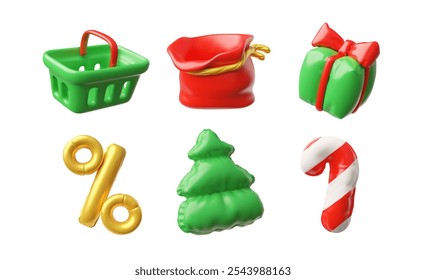 Caja de regalo 3D y bolso, cesta de la compra, caña de caramelo, signo porcentual y árbol de abeto de un conjunto de iconos inflados del vector del globo. Año Nuevo, venta de Navidades, oferta especial festiva y símbolos de volumen de decoración