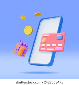 3D Gift Box, Bank Card, Coins in Smartphone Isolated. Render Online Shopping Concept. Receiving Surprise Box Online. Digital Purchase or E-commerce Concept. Promo Store, Gift Card. Vector Illustration