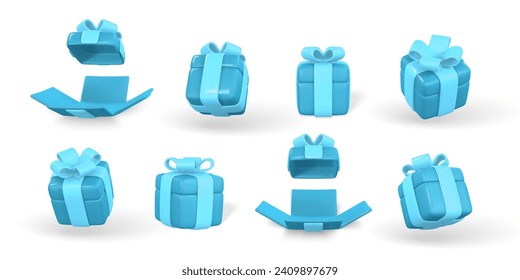 3d gift box with blue bow. Plastic box with shadow isolated on light background. Vector illustration.