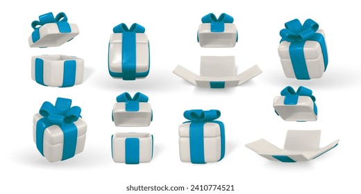 3d gift box with blue bow. Plastic box with shadow isolated on light background. Vector illustration.