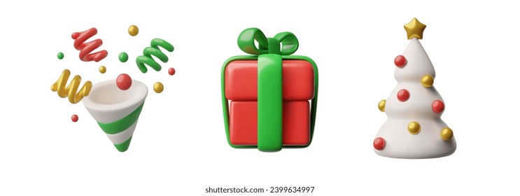 3D gift box, Christmas tree and party popper cone with confetti, serpentine. Merry Christmas and Happy New Year symbols set. Realistic 3d winter volumetric design element vector isolated illustration