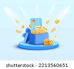 3d a gift box coupon for a sale of the product. Gold coins and credit card in the gift box. With 3d podium and blue light background.Voucher card cash back template design with coupon code promotion