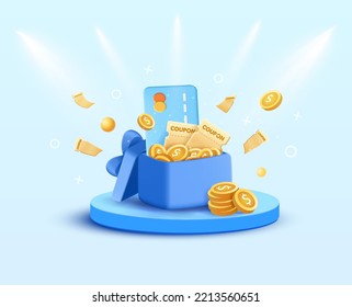 3d a gift box coupon for a sale of the product. Gold coins and credit card in the gift box. With 3d podium and blue light background.Voucher card cash back template design with coupon code promotion - Shutterstock ID 2213560651