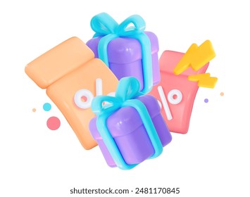 Caja de regalo 3D con Cupones. Descuentos para compras rentables. Código promocional de venta. Ilustración vectorial 3D.