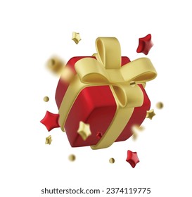 3d Caja de regalo objeto festivo decorativo con arcos dorados y secuencias de oro confetti sobre fondo blanco