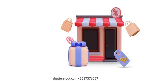 3d Gift Box, Discount Tags, and Shopping Bags in Front of Storefront With Red Awning. Ideal for Sales, Promotions, and Retail Concepts. Vector Illustration.