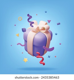 3D Gift Box With Falling Confetti. Render Present Box Surprise. Christmas. New Year Sale, Shopping. Present Box with Bows Ribbons. Giftbox for Valentine, Birthday and Holiday. Vector Illustration