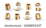 3d gift box with golden bow. Plastic box with shadow isolated on light background. Vector illustration.