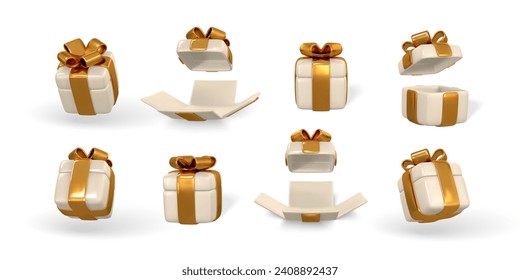 3d gift box with golden bow. Plastic box with shadow isolated on light background. Vector illustration.