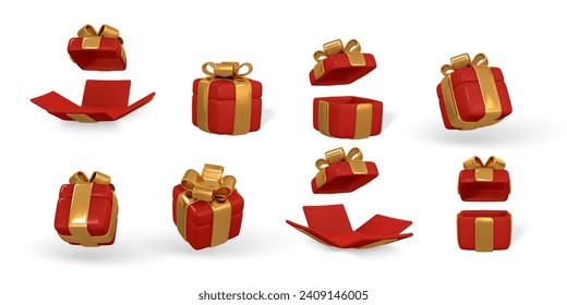 3d gift box with golden bow. Plastic box with shadow isolated on light background. Vector illustration.