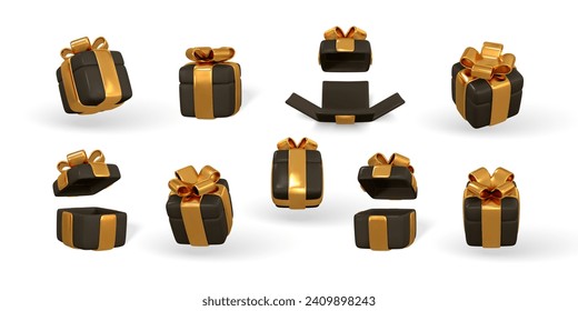 3d gift box with golden bow. Plastic box with shadow isolated on light background. Vector illustration.