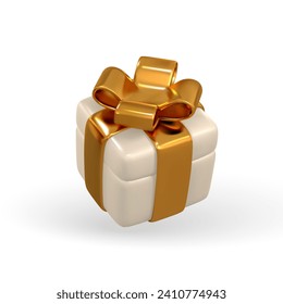 3d gift box with golden bow. Plastic box with shadow isolated on light background. Vector illustration.