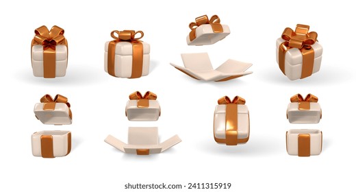 3d gift box with golden bow. Plastic box with shadow isolated on light background. Vector illustration.