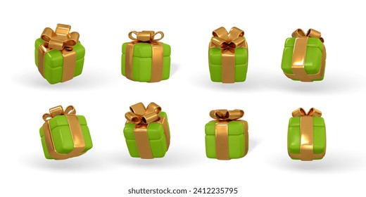 3d gift box with golden bow. Plastic box with shadow isolated on light background. Vector illustration.