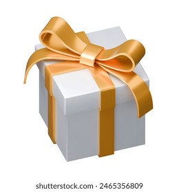 3d gift box with golden bow vector illustration. Realistic render