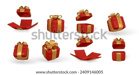 3d gift box with golden bow. Plastic box with shadow isolated on light background. Vector illustration.