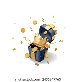 3D Gift Box with Golden Crown and Confetti Isolated. Render Gold Confetti Around Crown in Gift Box. Symbol for VIP, Rich, Winner Luxury Premium Success. Rating or Status. Realistic Vector Illustration