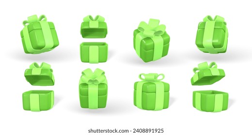 3d gift box with green bow. Plastic box with shadow isolated on light background. Vector illustration.