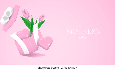 3d gift box, heart and flowers for mother's day or valentine's day card. vector illustration